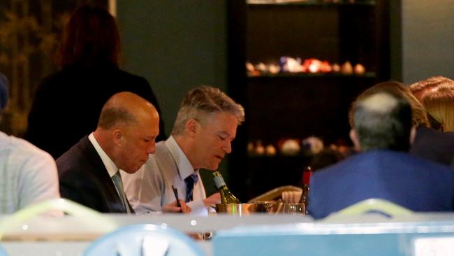 Peter Dutton and Mathias Cormann having dinner last night. Picture: Jonathan Ng