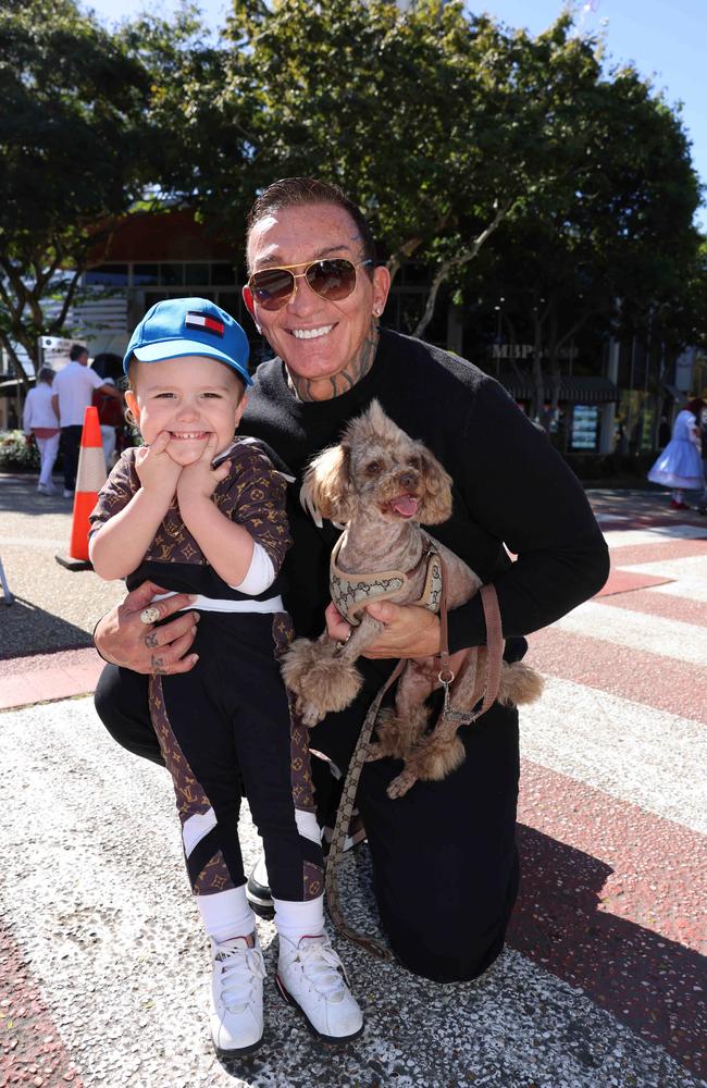 Hector Bertomeu, Chris Bertomeu and Mr Brown at the Ray White Surfers Paradise Next Top Dogel competition on Tedder Avenue Main Beach. Picture, Portia Large.