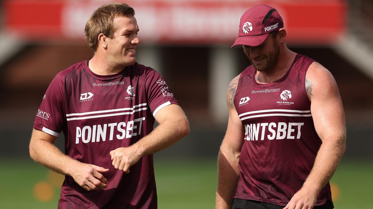 Jake Trbojevic and Matthew Lodge at Sea Eagles training this week. Picture: Matt King/Getty Images