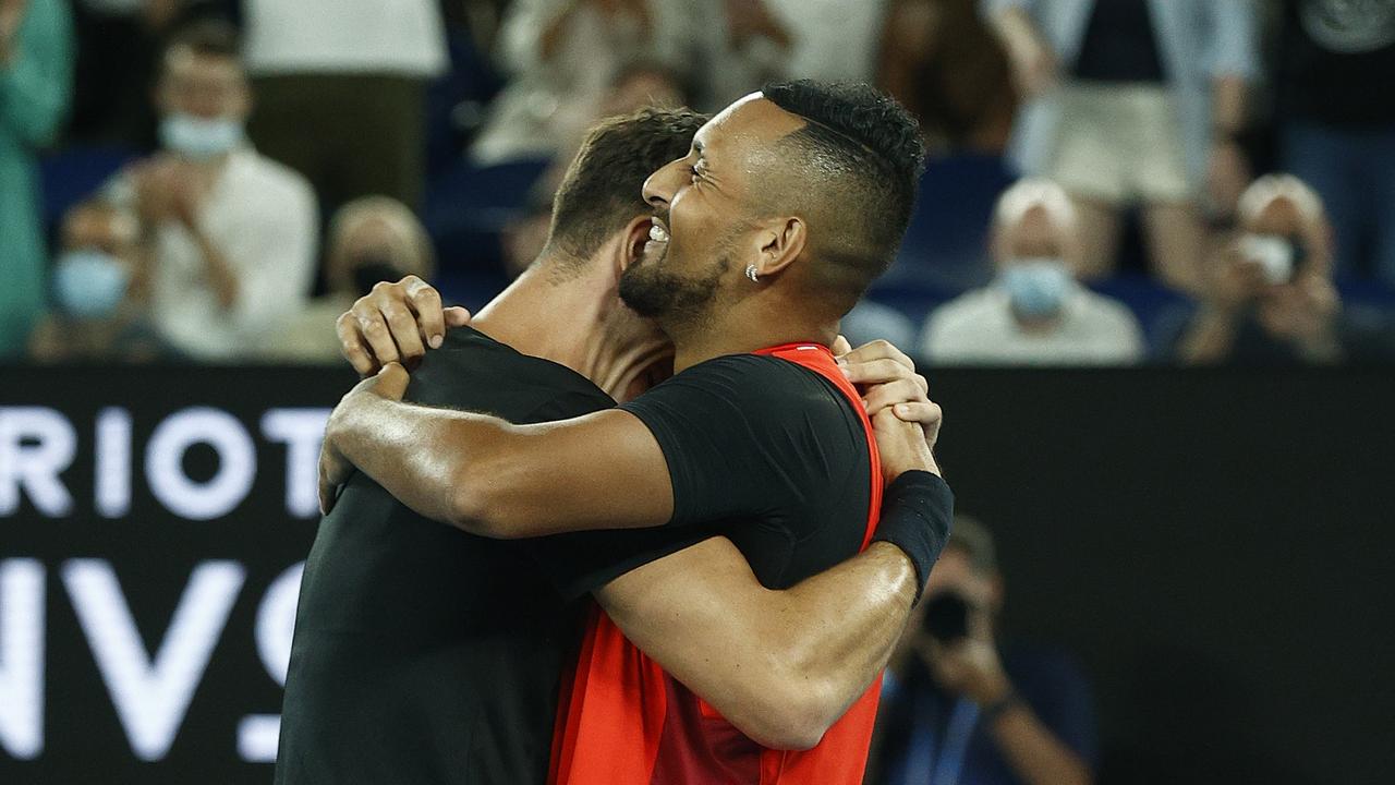 Nick Kyrgios and Thanasi Kokkinakis of Australia celebrate match point. Photo by Darrian Traynor/Getty Images.