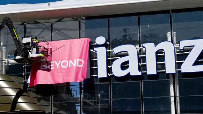 The Allianz Stadium sign gets the cover-up treatment. Picture: Jeremy Piper