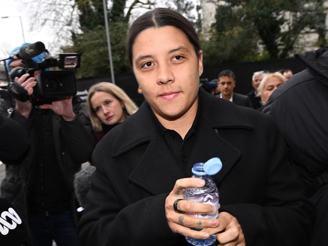 Sam Kerr, arriving at court, is facing charges of “racially aggravated harassment” of a police officer related to an incident in Twickenham in January 2023. Picture: Getty Images