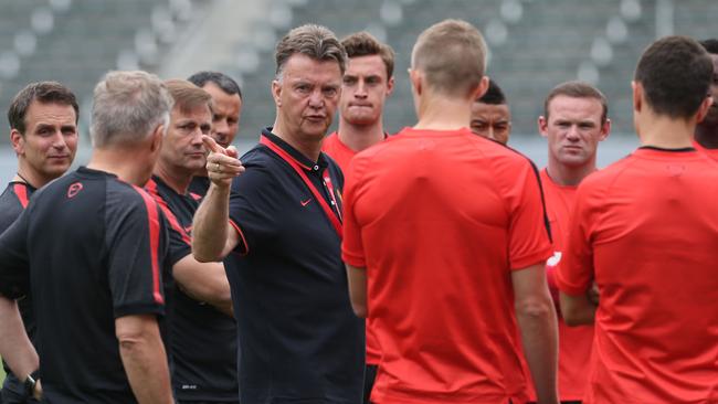 Manager Louis van Gaal of Manchester United in action during a training session in Los Angeles.