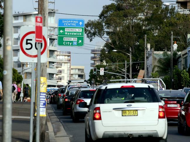 Bumper to bumper traffic along Bondi Rd, Bondi.