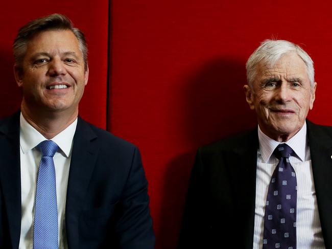 (L to R) New Seven CEO James Warburton pictured with Seven West media boss Kerry Stokes in Sydney on Friday, 16th August 2019. picture Nikki Short