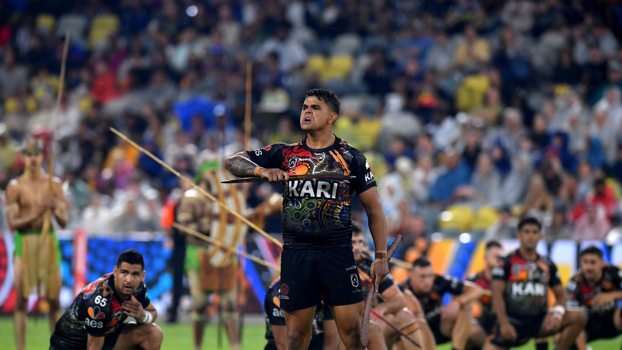 All Stars match betwwen Maori and indigenous at Queensland Bnak Country Stadium. The mens indigenous team perform a war dance before the start of the game. Latrell Mitchell. Picture: Evan Morgan