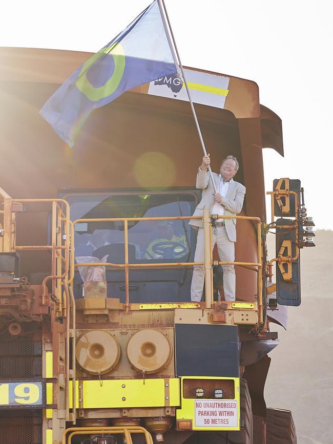 Andrew Forrest arrived at the party on a giant dump truck and carrying a huge Fortescue flag.