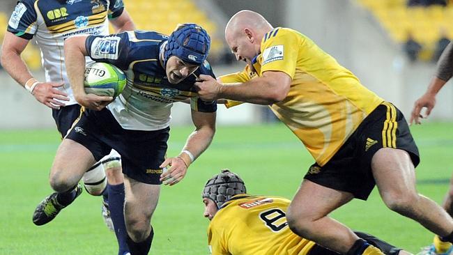 Pat McCabe on the charge for the Brumbies against the Hurricanes at Westpac Stadium, Wellington.