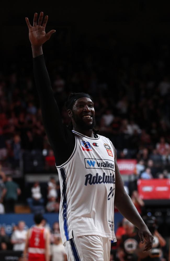 Montrezl Harrell celebrates the 36ers’ victory against the Hawks. Picture: Getty Images