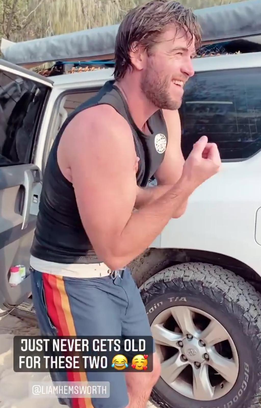 Liam Hemsworth hams it up at Double Island Point. Picture: April Munro/Instagram