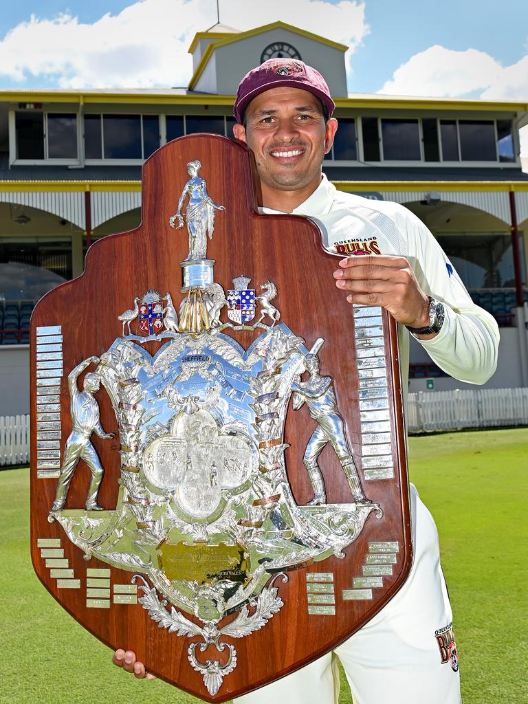 Usman Khawaja with the Sheffield Shield. Picture: Bradley Kanaris/Getty