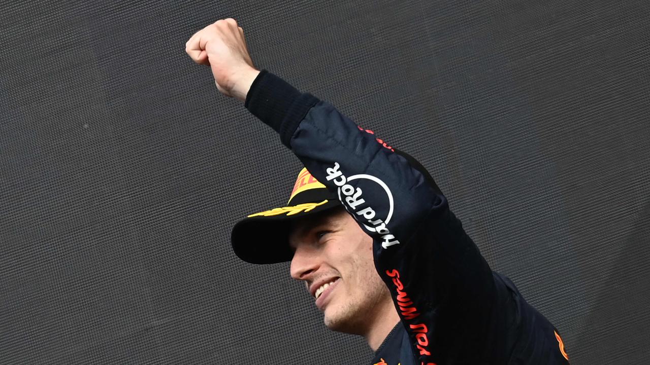 Max Verstappen celebrates his victory during the podium ceremony of the Belgian Formula One Grand Prix at Spa-Francophones racetrack at Spa. Picture: AFP