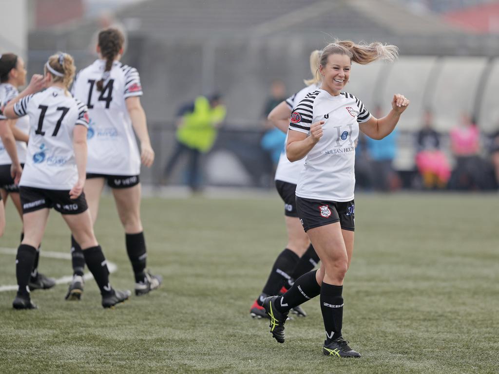 Hobart Zebras versus Kingborough Lions in the women's Statewide Cup final at KGV. Hobart's Danielle Kannegiesser celebrates scoring a spectacular goal to open the scoring in the first half. Picture: PATRICK GEE