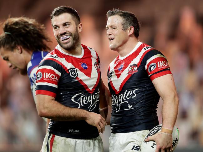 SYDNEY, AUSTRALIA - JUNE 15: Brett Morris of the Roosters celebrates scoring a try with team mate James Tedesco of the Roosters during the round five NRL match between the Canterbury Bulldogs and the Sydney Roosters at Bankwest Stadium on June 15, 2020 in Sydney, Australia. (Photo by Mark Metcalfe/Getty Images)