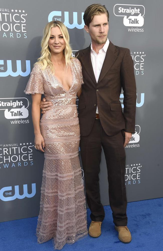 Kaley Cuoco And Karl Cook attend The 23rd Annual Critics’ Choice Awards at Barker Hangar on January 11, 2018 in Santa Monica, California. Picture: Getty