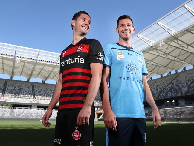 Sydney FC player Ryan McGowan and his brother Dylan McGowan from the Wanderers ahead of Saturday's first derby back at Bankwest Stadium. Picture: Jonathan Ng