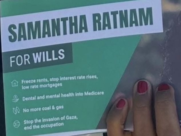 Other Greens MPs and candidates like Wills candidate Samantha Ratnam promote the party's pro-Palestine stance. Picture: Supplied.