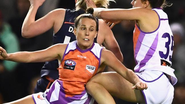 Emma Zielke cops a knee to the ribs during the State of Origin clash. Picture: Getty Images