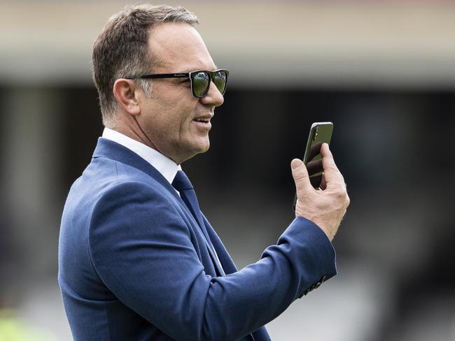 LONDON, ENGLAND - JUNE 15: Former Australia cricketer Michael Slater takes a selfie whilst on media duties during the Group Stage match of the ICC Cricket World Cup 2019 between Sri Lanka and Australia at The Oval on June 15, 2019 in London, England. (Photo by Andy Kearns/Getty Images)