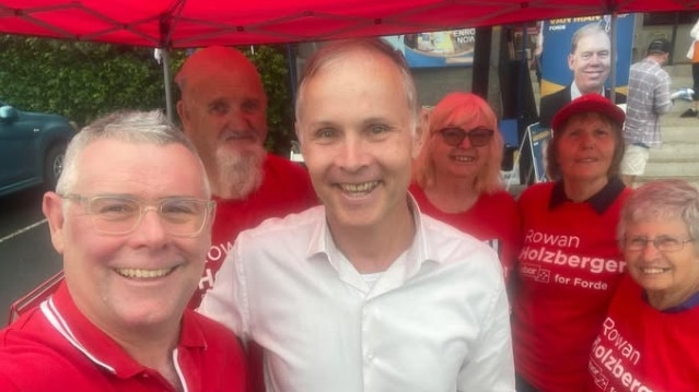 Gold Coast-based Labor Senator Murray Watt on the pre-poll with Forde ALP candidate Rowan Holzberger and Labor supporters.