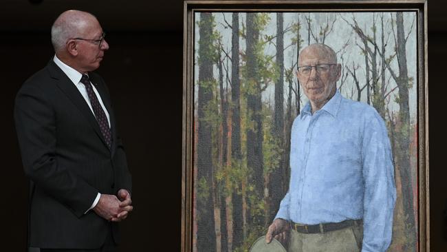 Governor-General David Hurley eyes off his official portrait after its unveiling at Parliament House on Monday. Picture: NewsWire / Martin Ollman