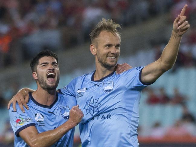 Siem de Jong of Sydney (right) celebrates with Paulo Retre after scoring during the Round 8 A-League match between Western Sydney Wanderers and Sydney FC at ANZ Stadium in Sydney, Saturday, December 15, 2018. (AAP Image/Craig Golding) NO ARCHIVING, EDITORIAL USE ONLY