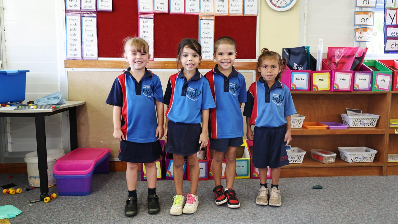 My First Year 2025 – Woree State School Prep Class 1A. Mila, Ayarna, Illuka and Elizabeth. Picture: Brendan Radke