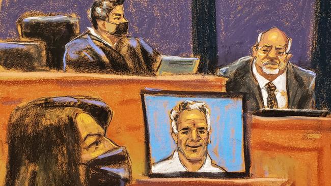 This courtroom sketch shows Juan Alessi (R), Epstein's house manager, Judge Alison nathan and Ghislaine Maxwell during her trial on charges of sex trafficking, in New York City.