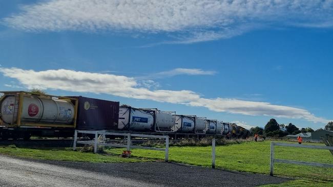 A semitruck and trailer collided with the front of a train on Marriot St, Westbury on April 29, 2024. Tas Rail conducting investigations on Tuesday. Picture: Elise Kaine