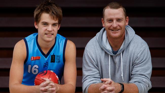 Brisbane father-son prospect, Sturt’s Casey Voss, with his dad, Lions great and Port assistant coach Michael Voss. Picture Matt Turner.