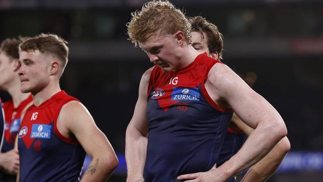 MELBOURNE, AUSTRALIA - AUGUST 02:  A dejected Clayton Oliver of the Demons is seen the round 21 AFL match between Footscray Football Club and Melbourne Demons at Marvel Stadium, on August 02, 2024, in Melbourne, Australia. (Photo by Darrian Traynor/Getty Images)