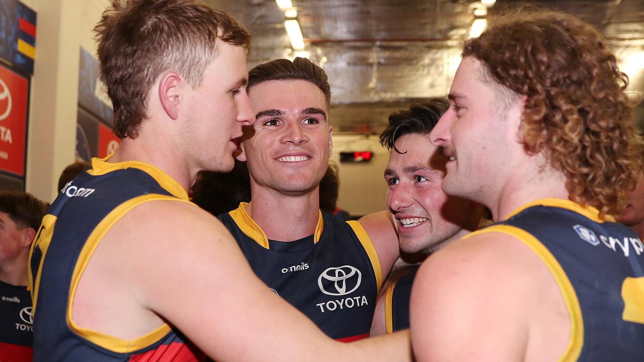 Jordan Dawson, Ben Keays, Chayce Jones and Sam Berry celebrate in the rooms. Picture: Getty Images