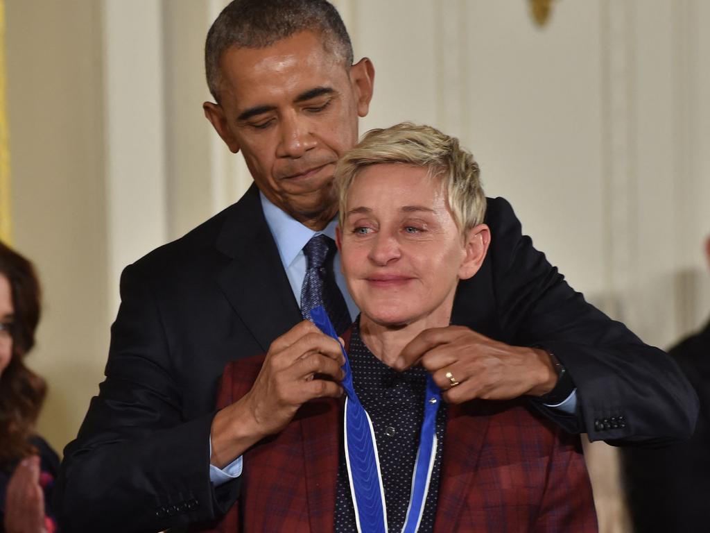 Former US President Barack Obama presented Ellen DeGeneres with the Presidential Medal of Freedom in 2016. Picture: Nicholas Kamm / AFP