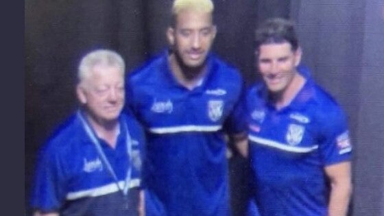 The leaked photo of Bulldogs boss Phil Gould, new signing Viliame Kikau and Canterbury coach Trent Barrett. Source: Twitter