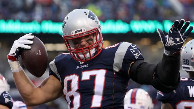 Rob Gronkowski #87 of the New England Patriots celebrates his touchdown.