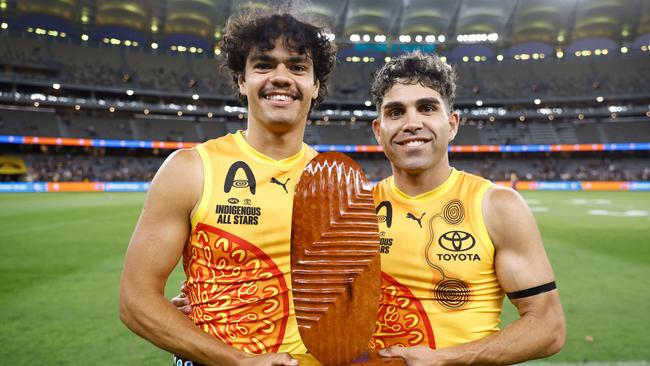 Geelong’s Lawson Humphries (left) and Tyson Stengle after the Indigenous All Stars v Fremantle match. Picture: Michael Willson/AFL Photos via Getty Images.