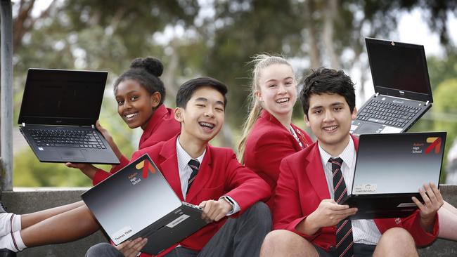 Auburn High School who did their NAPLAN test online, celebrate their results. Picture: David Caird