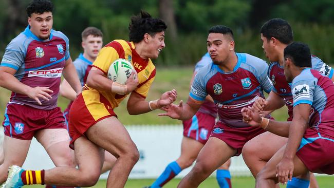 Krystian Mapapalangi charges into the Hills Sports’ defence. Picture:Justin Lloyd