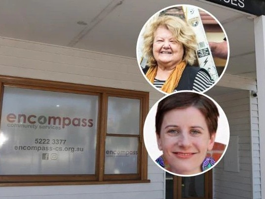 Encompass Community Service office at East Geelong. Inset: Encompass chief executive Elaine Robb, top, and board chair Alyson Miller.