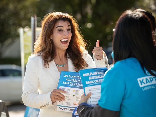 Liberal candidate Gisele Kapterian talking to voters in Chatswood. Picture: Julian Andrews