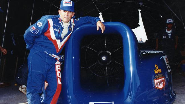 Rosco McGlashan with his Aussie Invader II land speed-record setting vehicle in 1995.