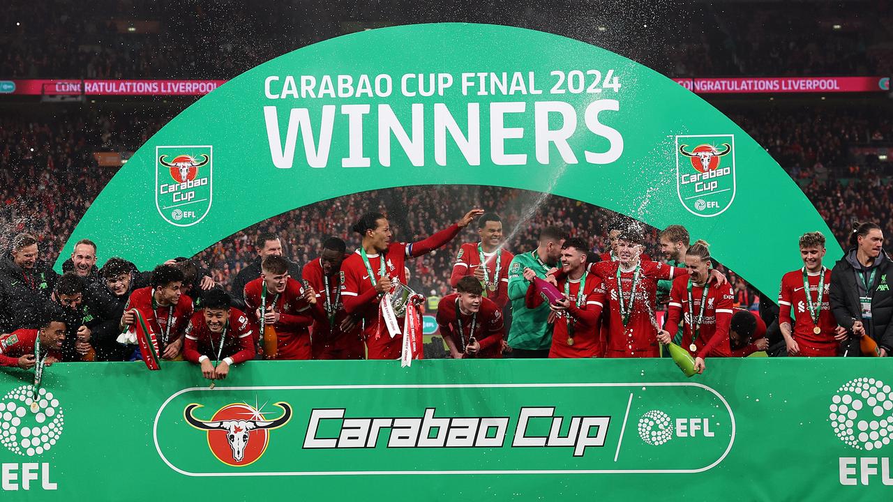 Liverpool celebrate winning the Carabao Cup. (Photo by Julian Finney/Getty Images)