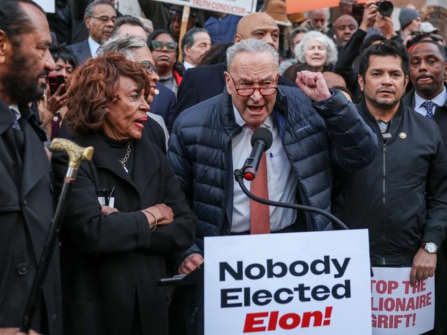 US Senate Majority Leader Chuck Schumer, pictured with Maxine Waters, speaks during the We Choose To Fight: Nobody Elected Elon rally at the US Department Of The Treasury on February 4, in Washington, DC. Picture: Jemal Countess/Getty Images for MoveOn