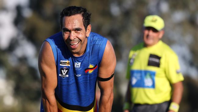 Former AFL star Eddie Betts manages a laugh even during his local footy comeback. Picture: Ian Currie