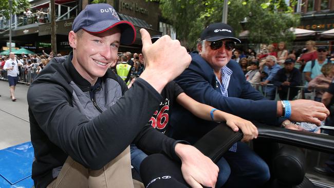 Yucatan jockey James McDonald and trainer Aidan O’Brien during Monday’s parade. Picture: David Caird