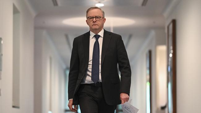 Prime Minister Anthony Albanese heads to a press conference in Parliament House. Picture: NCA NewsWire / Martin Ollman