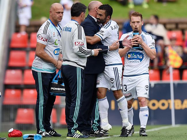 Fahid Ben Khalfallah is congratulated by coach Kevin Muscat after scoring the winning goal. Picture: AAP