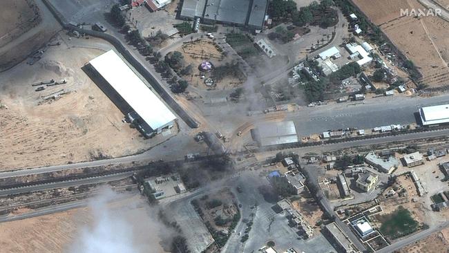 A closer view of the Rafah border crossing between northeastern Egypt and the southern Gaza Strip. Cargo planes and trucks have been bringing humanitarian aid to Rafah for days. Picture: Maxar Technologies / AFP