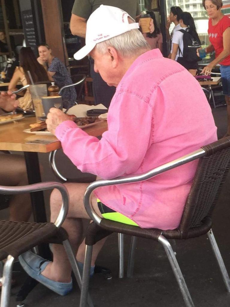 A recent photo shows Alan Jones having breakfast on the Gold Coast last month.