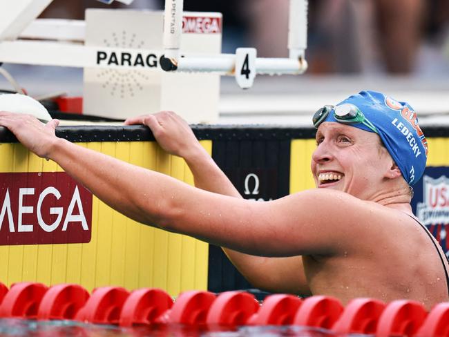 FORT LAUDERDALE, FLORIDA - MAY 03: Katie Ledecky sets a World Record in the Women's 800m Freestyle Final at Fort Lauderdale Aquatic Center on May 03, 2025 in Fort Lauderdale, Florida.   Carmen Mandato/Getty Images/AFP (Photo by Carmen Mandato / GETTY IMAGES NORTH AMERICA / Getty Images via AFP)